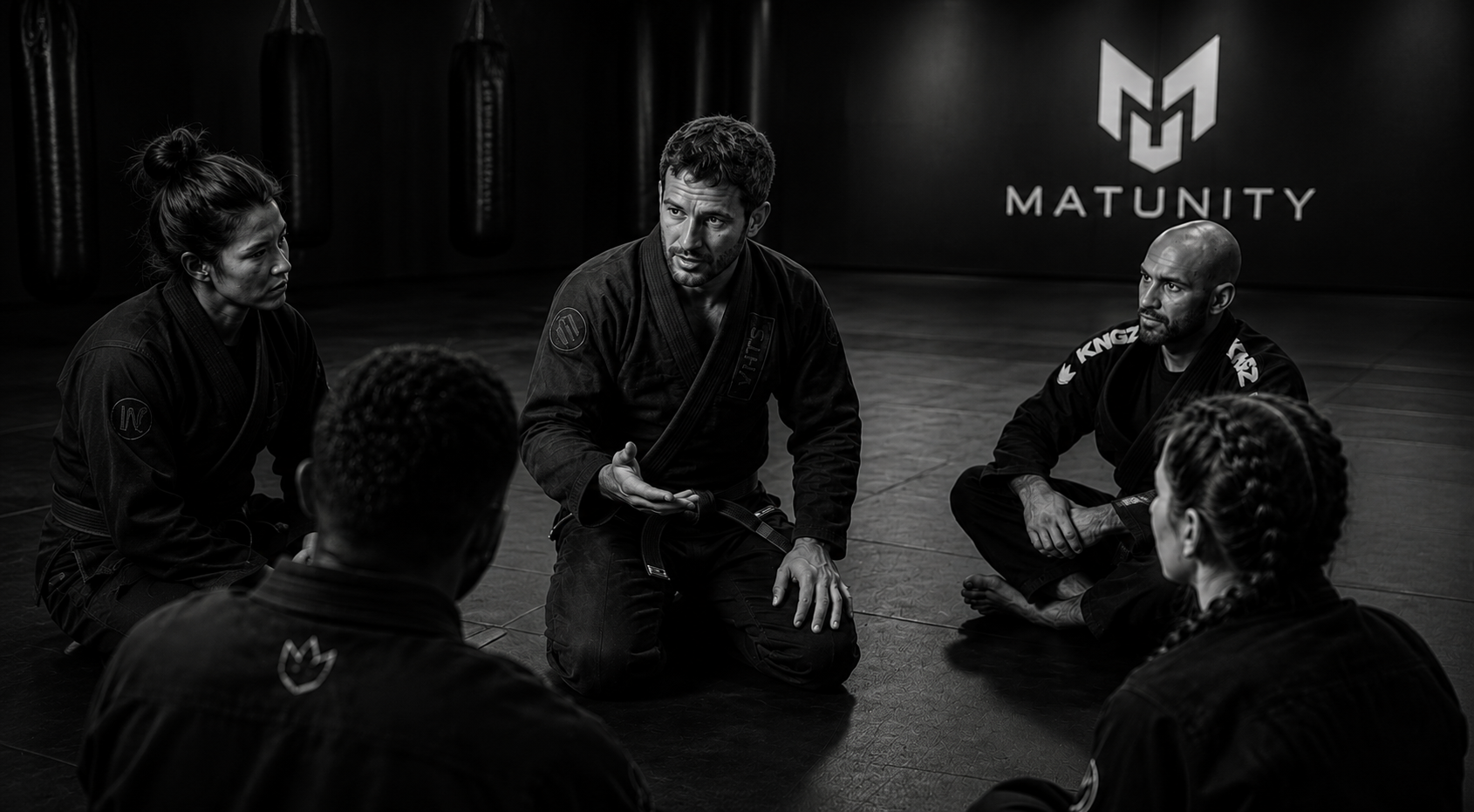 A black belt coach teaching a seated circle of students