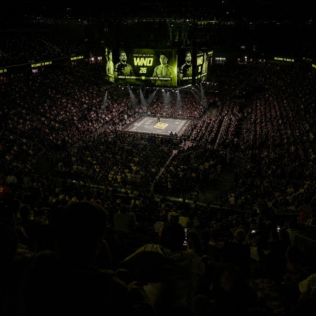 A packed arena around a lit competition mat