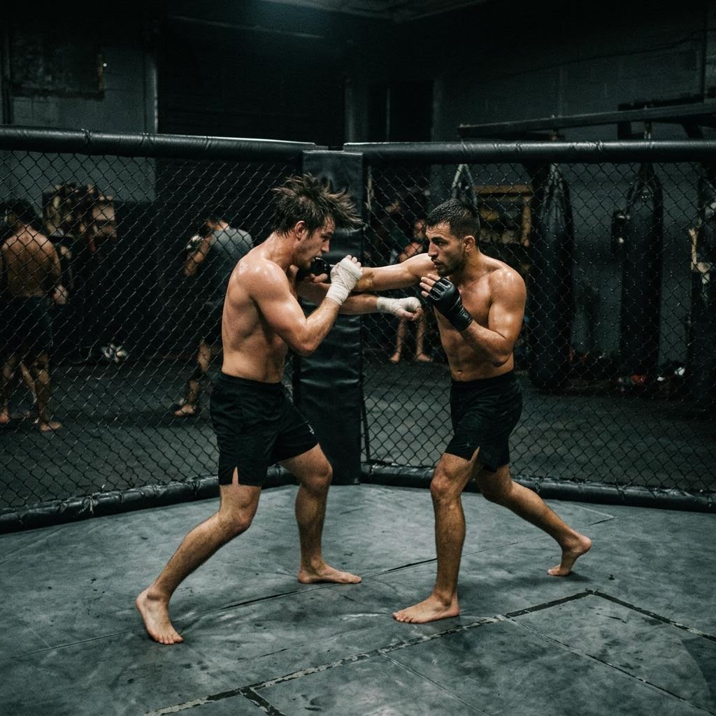 Two athletes sparring inside a cage at an MMA gym
